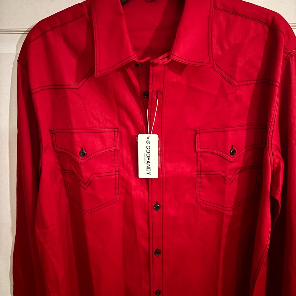 NWT Coofandy Mens Red Collar Button‎ Down Long Sleeve Dress Shirt Wine Red XL